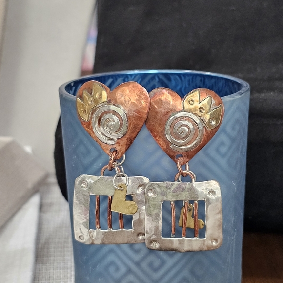 BOLIN “Caged Heart” Mixed Metal Earrings 925 Rare Artisan - Picture 2 of 14